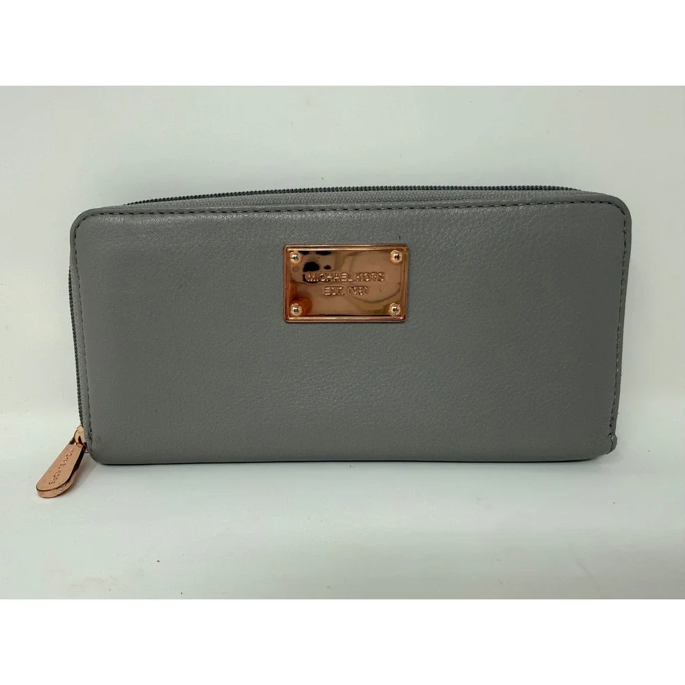 Michael Kors Zip Around Wallet Gray Leather Rose Gold‎ Hardware Continental